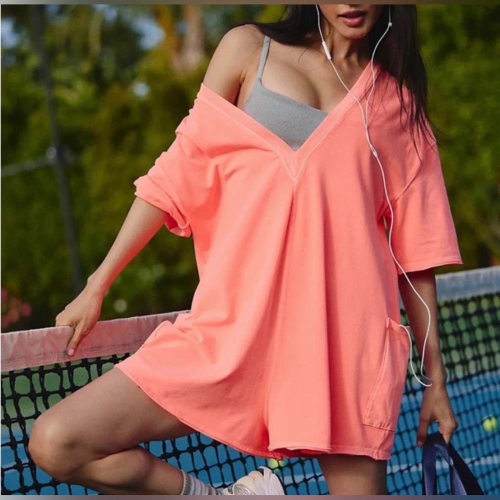 NWT! Free People Hot Shot Tee Romper in Neon Coral size XS